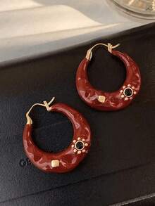 1 对时尚精致的 U 型泪滴耳夹，适合任何场合的女性 - 酒紅色 - 查看 1