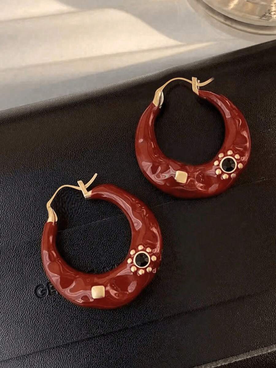 1 对时尚精致的 U 型泪滴耳夹，适合任何场合的女性 - 酒紅色 - 查看 1