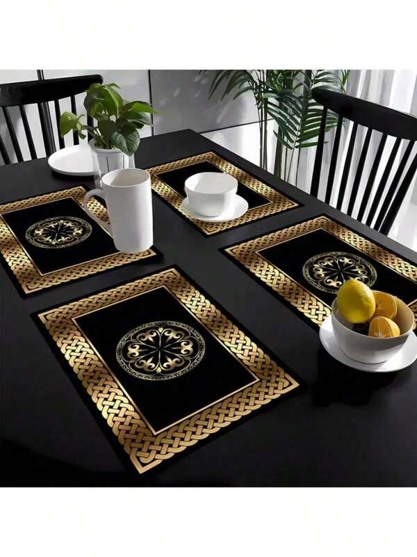 1/4/6pcs Luxury Black And Gold Plaid Placemats, Woven Polyester Rectangular Table Mats, Machine Washable, Suitable For Restaurants, Home Decor, Gifts, Party Decorations