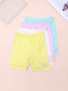 Set de 4 piezas Bermudas de unicolor hasta la rodilla para niños pequeños, leggings ligeros con decoración de rhinestones, versátiles para interior/exterior, aptos para todas las estaciones