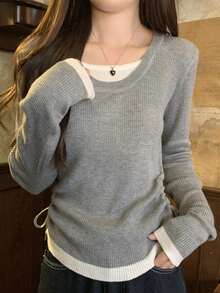 春季韩版撞色U领抽绳二合一女式针织毛衣上衣 - 灰色 - 查看 4