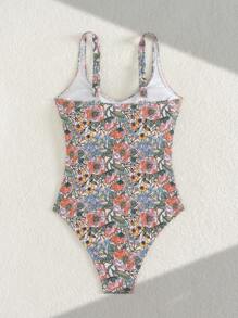 Women's Summer Beach Vacation Floral Print Backless One-Piece Swimsuit