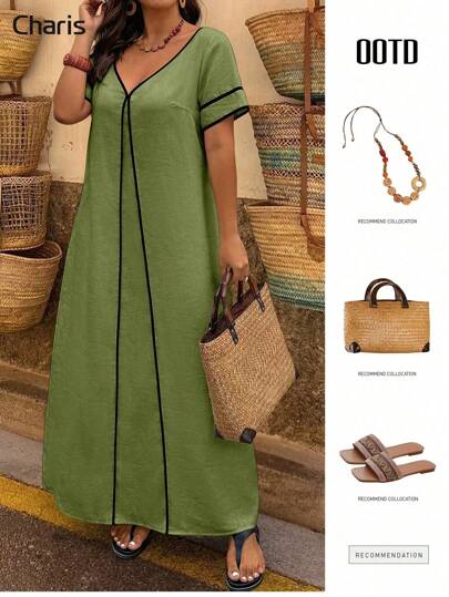 Vestido casual de contraste de moda para mujer talla grande, mezcla de algodón y lino, atuendo para brunch para mujeres