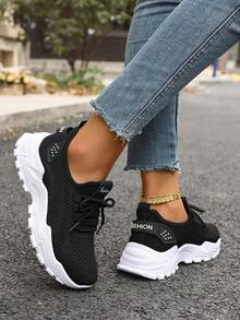 女士休闲户外运动鞋，时尚运动鞋，适合徒步、日常穿着、跑步，耐用防滑，轻便，四季通用厚底运动鞋 - 黑色 - 查看 6