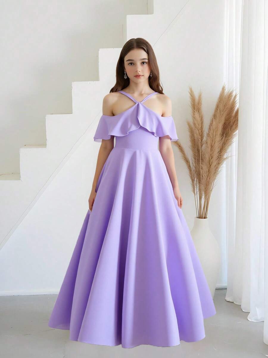 Vestido de fiesta largo con tirantes de espagueti y hombros descubiertos para niñas preadolescentes, vestido formal de cumpleaños o boda con volantes en el bajo, vestido de princesa para ocasiones especiales - Púrpura malva - Ver 1