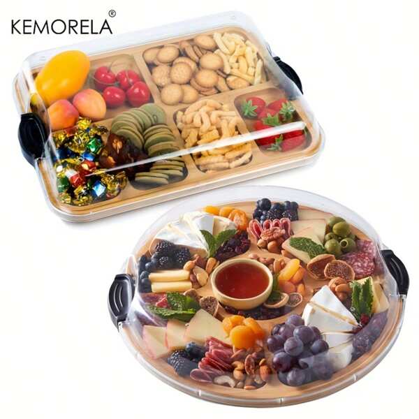 KEMORELA Planche à fromage en bambou KEMORELA avec couvercle - Plateau de service de charcuterie portable avec boucle de verrouillage, rainures pour trempettes, planche à découper ronde ou carrée pour la cuisine, les voyages, les cadeaux