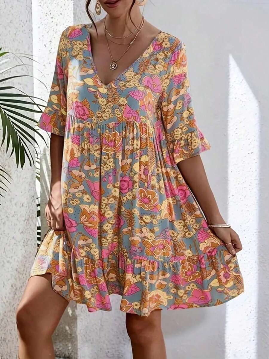 Vestido largo bohemio de estilo europeo y estadounidense para mujer, con estampado floral, escote en V, informal y tallas grandes para el verano