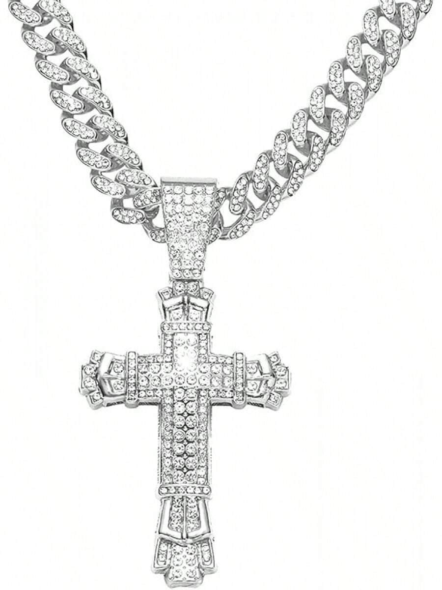 Men's Shiny Cuban Chain Necklace, Miami Style Silver Plated Gold Plated Shiny Necklace, Hop Necklace - 交叉-A銀色 - 查看 1