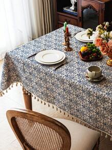 1 szt. Vintage Elegancki Niebieski I Biały Porcelanowy Drukowany Obrus Z Frędzlami, Prostokątny Wzór Kwiatowy Na Stolik Kawowy, Pokrowiec Na Szafkę Nocną, Wystrój Domu, Nadaje Się Do Jadalni, Imprezy, Święta Dziękczynienia, Uroczystości, Na Zewnątrz, Ogród, Kemping Jesienią