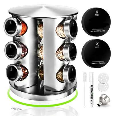 Porta spezie rotondo, adatto per 12 barattoli per spezie, barattoli per spezie rotondi, adatti per 12 barattoli per spezie, porta spezie in acciaio inox girevole a 360°, porta spezie verticale, porta spezie.