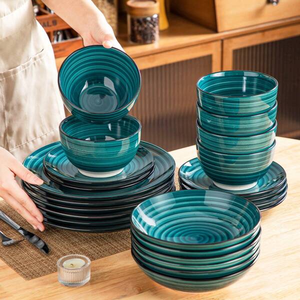 vancasso 24 Pcs Porcelain Dinnerware Set, Round Plate, Green Set, Dinner Plate, Dessert Plate, Soup Plate And Bowl For 6 Person, Hand-Painted Specks