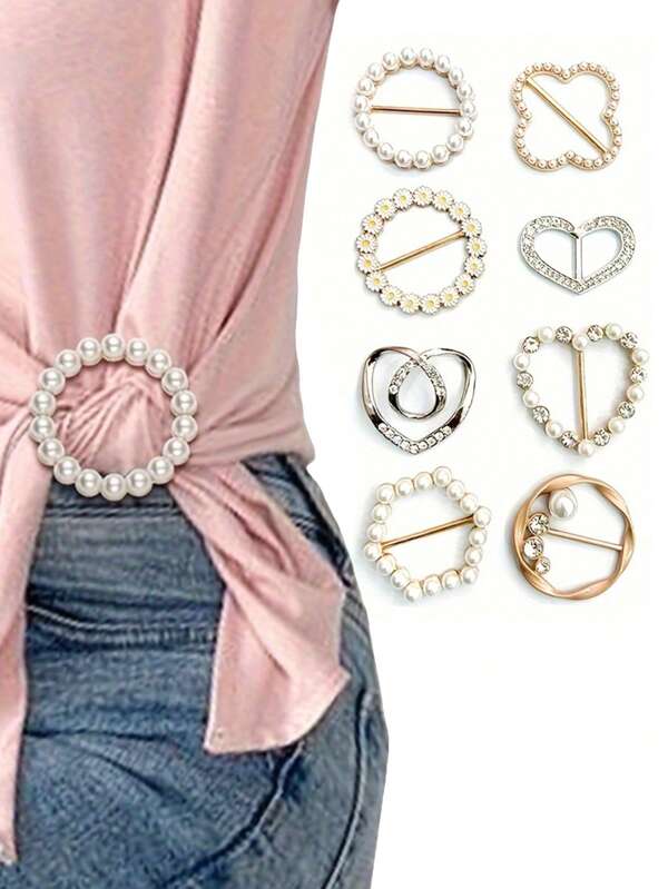 8-Piece Elegant Alloy Brooch Set, With Diamond Inlays, Adjustable Clasps In Various Simple And Irregular Designs, Suitable For Fashion Clothing And Scarves As Accessories.