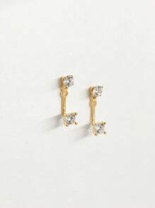 一对18K镀金925纯银耳环，耳夹式，优雅耳钉，镶嵌立方氧化锆，适合女士日常佩戴 - 單鑽前後耳釘 - 查看 2