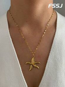 1 件夏季海洋主题 18K 镀金不锈钢海龟和海星吊坠项链，防水、防褪色，适合日常佩戴、派对、节日