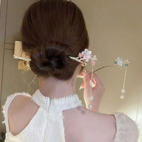 1pc Flower Print Elegant Copper Alloy Hair Clip, Traditional Chinese Style Sakura Flower Faux Pearl Tassel Hair Accessory, Suitable For All Seasons ,Hair Accessories ,Hair Accessories,Hair Pins, Bun Extension, Hair Bun Maker, Bun Hair Piece, Hair Styling Pins
