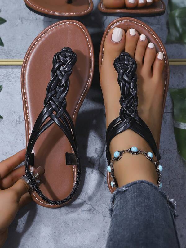 Women's Handmade Crochet Round Toe Fashion Slippers, Solid Color Boho PU Leather Flat Beach Sandals For Summer, Beach Party, Wedding, Office, Home