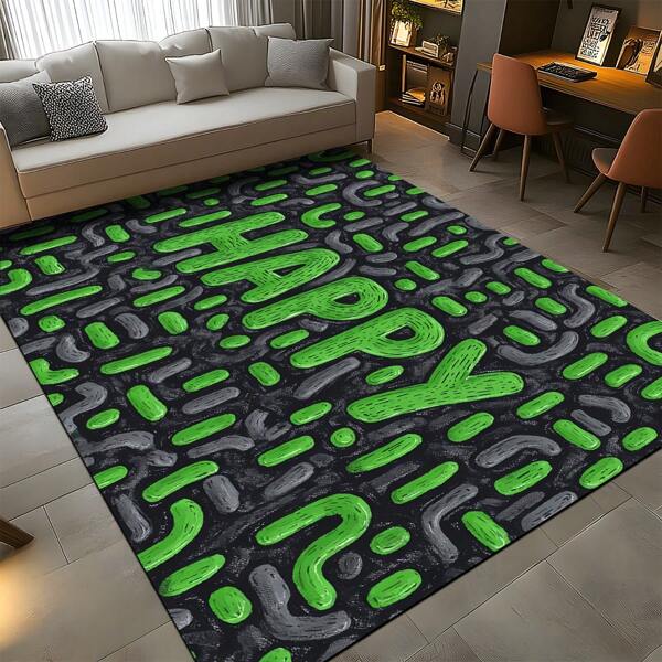 1pc Luxury "HAPPY" Letter Print Fashionable Carpet, Unique Creative Area Rug With European And American Influences, 650gsm Velvet Plush Silicone Bottom Rectangle Soft Large Size Carpet For Patio, Camping, Entrance, Living Room, Bedroom, Game Room, Washable All Season Rug, Home Decor