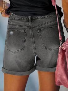 Casual Street Style Women Loose Denim Wide Leg Shorts, Fashion For Summer - Dark Grey - View 2