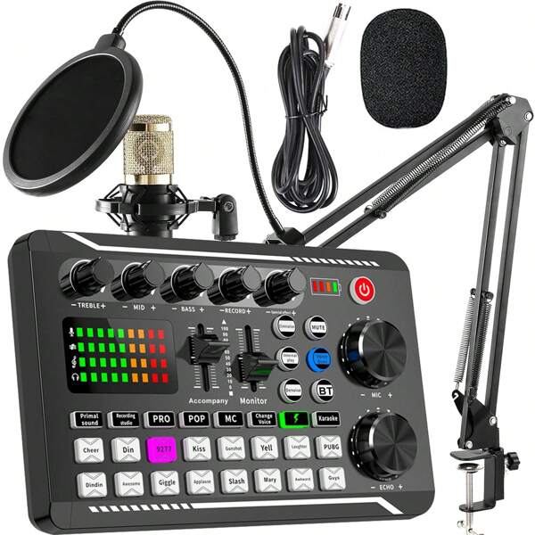 Podcast-Ausrüstungspaket, BM-800 Aufnahmestudio-Set mit Stimmverzerrer, Soundkarte für Live-Ton - Audiointerface für Laptop-Computer, Vlog, Live-Übertragung, Live-Streaming