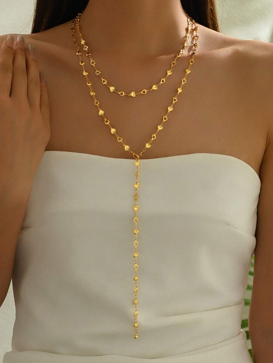 1pc European Style Luxury Hollow Heart Layered Tassel Y-Shaped Necklace For Women