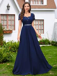 MIUSOL Sequin Floral Lace Contrast Chiffon Sweetheart Neck Hot Drill Belt Pleated Hem Evening Party Long Dress, Bridesmaid Dress, Prom Dress, Wedding Guest Dress