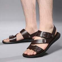 Simple And Versatile Open-Toe Mens Slippers With Double Buckle Design, Comfortable Flat Sole, A Preferred Choice For Daily Wear & Beach Outings. - Brown - View 11