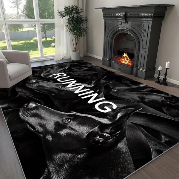 1pc Luxury Black/White "RUNNING" Funny Letter Print Fashionable Carpet, Western Inspirational English Text Black Dog Pattern Area Rug, 650gsm Silicone Backing Plush Soft Large Rectangle Carpet For Patio, Camping, Entryway, Living Room, Bedroom, Game Room, Machine Washable All Season Floor Mat, Home Decor