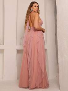 Long Party Dress For Wedding, Bridesmaid, Graduation In Plain Tulle With Cascade Skirt - 乾枯玫瑰色 - 查看 3