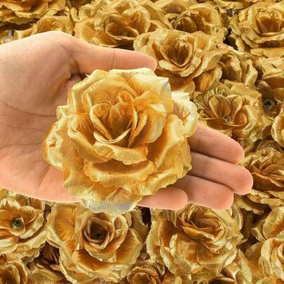 Set de 10/15/20/25/30 piezas de cabezas de rosa artificial de 3.5 pulgadas de apariencia realista, adecuado para el Día de San Valentín, bodas y decoración del hogar. Rico en dorado, perfecto para fiestas y eventos, complemento floral para eventos. Flores de seda decorativas con delicado diseño de pétalos, accesorios para ramos.