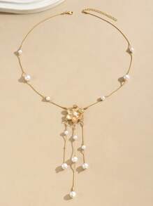 1pc Elegant Fashion Round Snake Chain Y-Shape Small Flower Pendant, 3 Strand Faux Pearl Beads Unique Women Long Necklace, Suitable For Casual, Daily, Party, Any Occasion