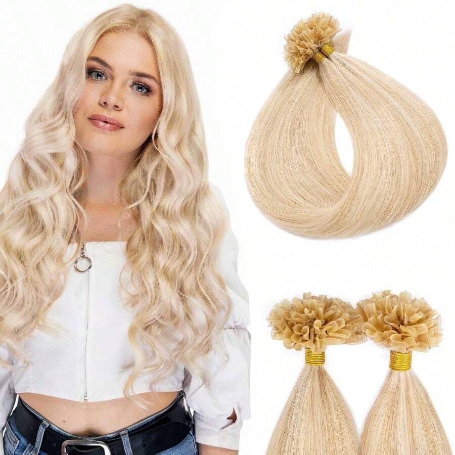 U Tip Hair Extensions Human Hair Pre Bonded Extensions Keratin Fusion Extensions K Tip Hair Extensions Real Human Hair Silky Straight Natural 50g 100 Stands 14" Ash Blonde Mix Bleach Blonde01 - 14 inch - Xem 1