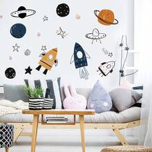 1Set Watercolor Solar System Space Astronaut Rocket Wall Stickers Decals,For Bedroom Living Room Playroom Home Decor - Multicolor - View 12