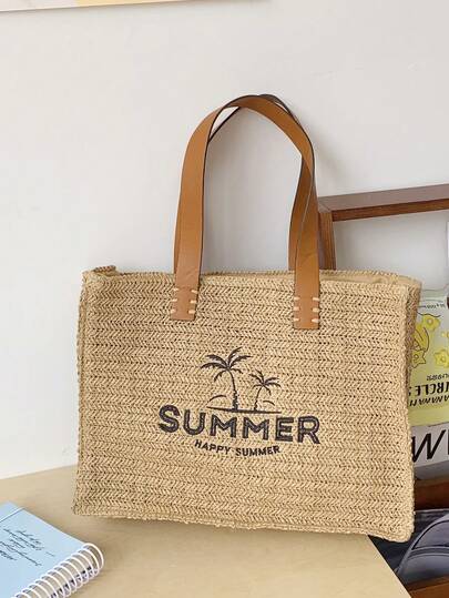 New Summer Straw Woven Beach Vacation Bag, Sweet Artistic Style Shoulder Bag With Large Capacity For Commuting