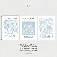 3 件套波西米亚绿色抽象几何植物线条艺术肖像帆布墙面艺术印刷品、马蒂斯墙面艺术、毕加索艺术印刷品、威廉·莫里斯印刷品、画廊墙面艺术海报套装、绿色房间装饰美学墙面艺术、抽象墙面艺术、家居装饰、无框 - 藍色 - 查看 2