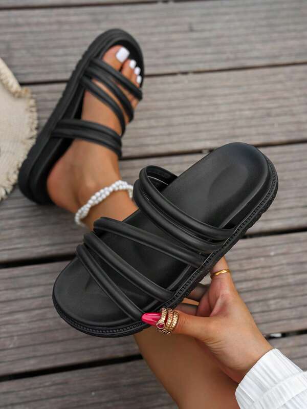 Sandalias de plataforma negras impermeables y de suela gruesa para mujer, estilo playa y romano, con suela plana de unicolor para uso en exteriores en verano
