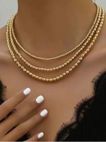 Set de 3 collares lujosos multicapa dorados y lisos con cuentas redondas, joyería versátil como regalo para mujeres
