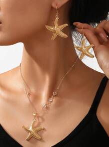 1 Set Of 3 Pieces Simple Fashion Starfish Pendant Necklace Marine Style Exaggerated Earrings Personalized Ladies Jewelry Set