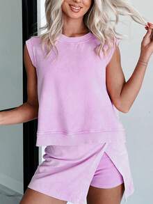 Scacto 2 Pieces Mineral Wash Cotton Tank Top Lined Split Skirt Set - Màu tím hoa cà - Xem 4