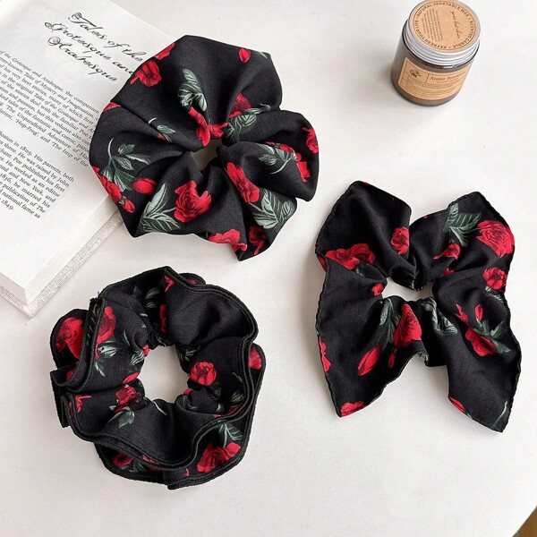 3 peças de elásticos de cabelo vintage elegantes com rosas de camada dupla, pompom e rabo de cavalo, acessórios para cabelo, elásticos de cabelo, acessórios para cabelo, elásticos de cabelo