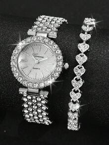 2件套女士时尚休闲罗马数字表盘全水晶英文风格腕表，包含珠宝配饰套装、时尚水晶手链套装，派对婚礼礼物、海滩度假情侣礼物 - 銀色 - 查看 5