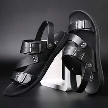 Simple And Versatile Open-Toe Mens Slippers With Double Buckle Design, Comfortable Flat Sole, A Preferred Choice For Daily Wear & Beach Outings. - màu đen - Xem 2