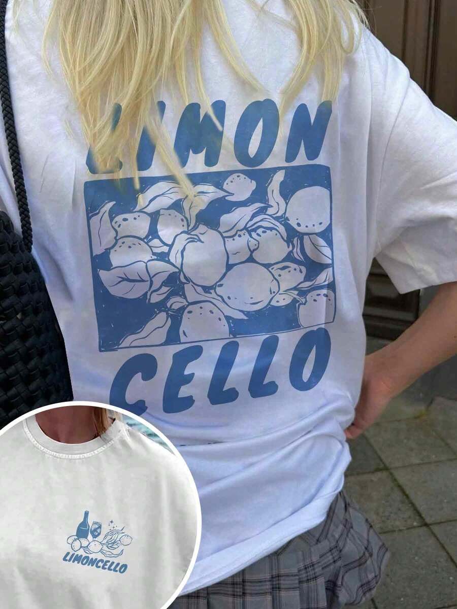 Women's Casual Lemon T-Shirt, Lemon, Lemon Market "Limon Cello" Graphic Printed T-Shirt, Suitable For Daily Life, Beach Vacation, Office And Other Occasions - White - View 1