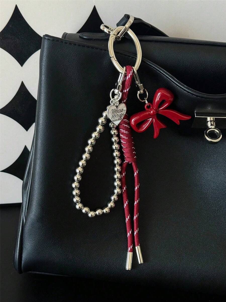 Ankela Red Bow Silver Bead Chain Bag Charms Car Keychain Bag Pendant Handmade Woven Rope Sense Of Luxury Women&Girl Gifts Backpack Decor Bows - Multicolor - View 1