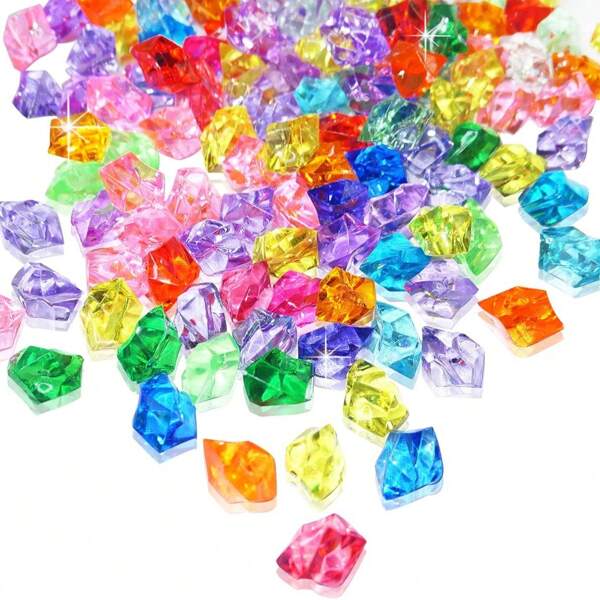 100 pièces de glaçons factices de 11 * 14 mm, remplisseurs de vase en acrylique pour centres de table. Cristaux de glace en diamant écrasés multicolores en plastique, pierres fausses multicolores, pierres précieuses en acrylique pour la décoration, la photographie et les accessoires.