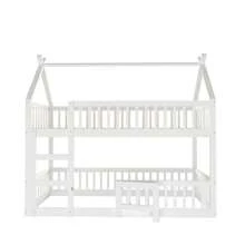 okwish Letto a castello con scala, letto a soppalco con protezione anticaduta, letto in legno massello, struttura per letto per bambini con rete a doghe (letto inferiore senza rete a doghe), bianco/grigio