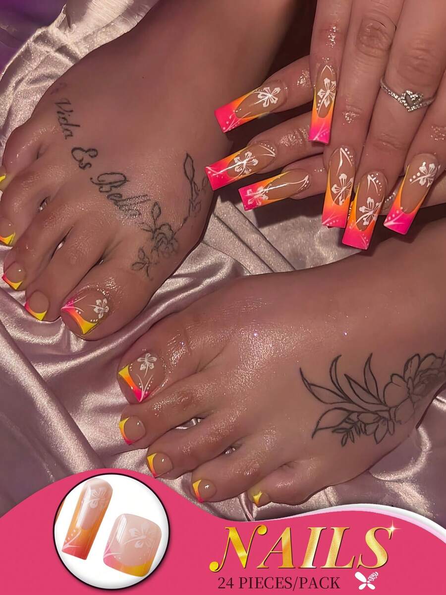 48pcs/Set Square Press-On False Nails With Floral French Tip Design, Including Jelly Glue And Nail File, Suitable For All Women, Perfect Accessory For Daily Wear To Add Charm To Your Fingertips. Nail Supplies - Multicolor - View 1