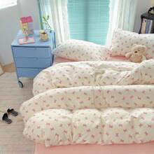 1 Set de 4 piezas de juego de ropa de cama blanco y rosa con moños, de tela suave, estilo femenino, adecuado para dormitorio, dormitorio universitario, todo el año (1 Edredón + 1 Sábana + 2 Fundas de Almohada), Fundas de Almohada con Corte de Patrón Aleatorio, Edredón no Incluido