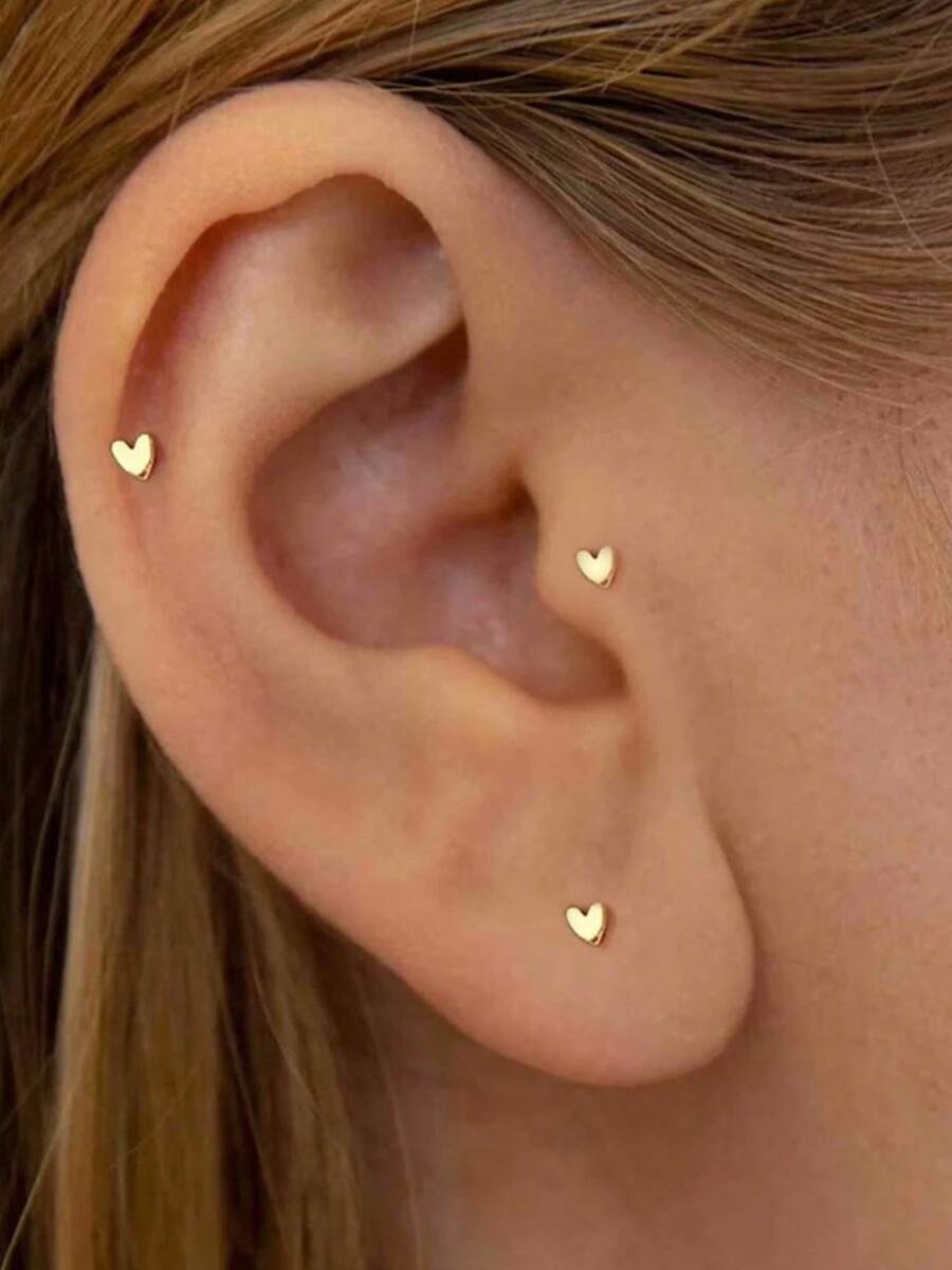3pcs/Set Heart Shaped Earrings, 14K Gold Plated Low Allergy Earrings For Women, Stackable, Bowknot Earrings, Suitable For Multiple Ear Piercings - Gold-1# - View 1