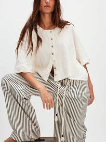 Women Half Sleeve Cropped Cardigan Shirt Short Sleeve Button Down Open Front Crewneck Loose Fit Knit T Shirt Y2k Casual Crop Tops Summer Fall Lightweight Jacket Outwear - trắng - Xem 3