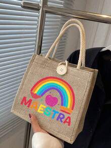 Rainbow Pencil Print Tote Bag Set, Tote Bag And Makeup Bag, Lightweight Large Capacity Tote Bag, Reusable Burlap Shopping Bag, Portable Travel Beach Bag With Makeup Bag, Best Gift For Teacher'S Day, Nurse'S Day, Birthday, Anniversary, Suitable For Weddings - Multicolor - View 6